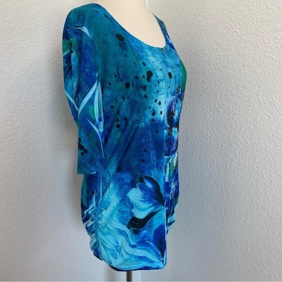 Blue Aqua Black Floral Abstract Sparkle Studded Short Sleeve Scoop Neck Top SZ L - Picture 3 of 11